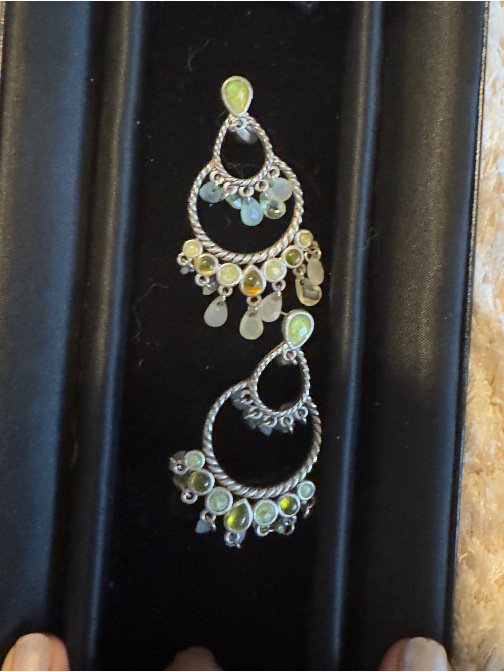 Handcrafted Silver-Tone Green Drop Hoop Earrings bohemian vintage